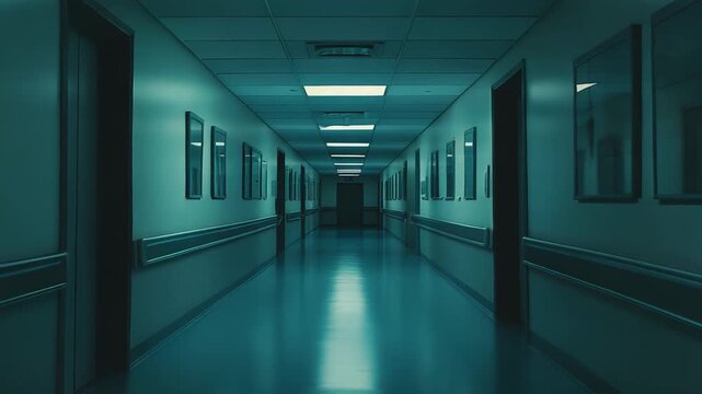 Long empty hospital corridor bathed in fluorescent glow, sterile and minimal, evoking quiet solitude and clinical calm with strong perspective and vanishing point
