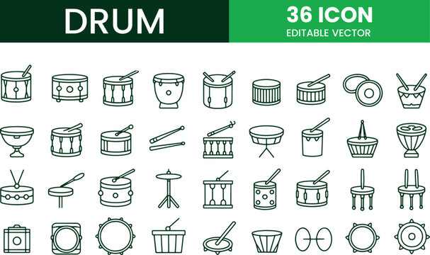 36 Drum and Percussion Line Icon Set for Music Instruments and Rhythm Design