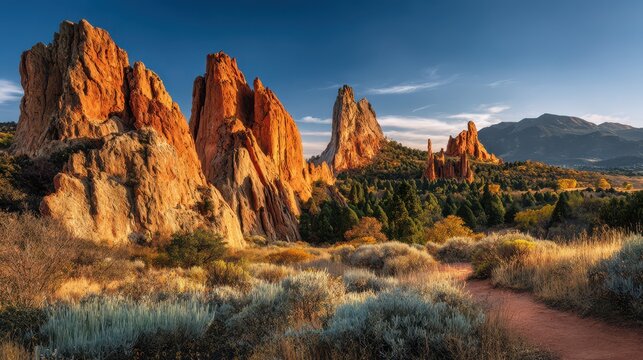 Golden hour panorama of towering rock formations and expansive landscape in Garden of the Gods, Colorado