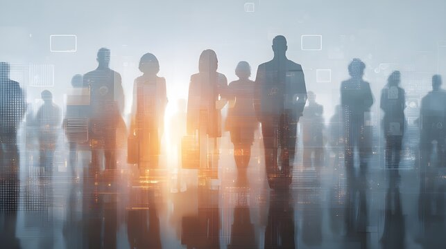Business people silhouettes walking in modern city at sunrise, double exposure corporate team concept with copy space, urban background for leadership, teamwork and future vision