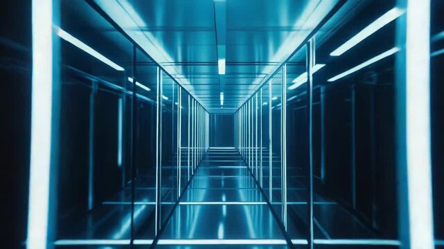Modern long corridor featuring bright blue neon light structures creating a sense of scientific exploration, digital communication, and advanced technology