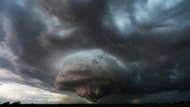 Dramatic supercell thunderstorm with dark clouds in expansive sky.