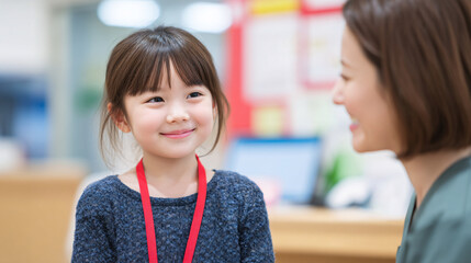 A young girl smiling and talking to an adult indoors.