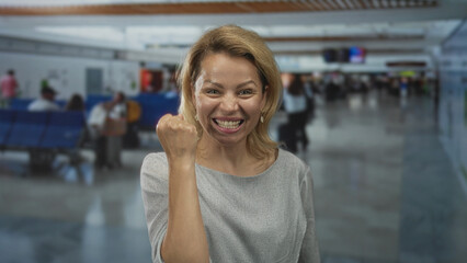 Fototapeta premium Young blonde woman raises clenched fist in brightly lit crowded airport terminal walkway; celebration.