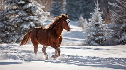 Brown horse galloping across a snow-covered winter landscape at dawn