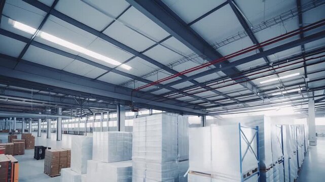 Spacious industrial warehouse interior featuring rows of tall pallets meticulously wrapped and stacked, waiting for shipment in a bustling distribution center