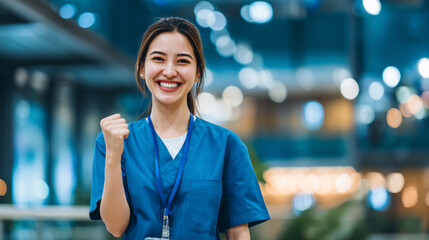 A smiling healthcare worker in blue scrubs in a modern indoor setting.