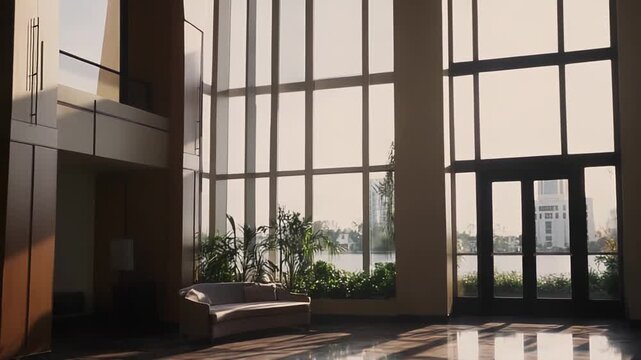 Spacious modern building lobby featuring tall bay windows, a comfortable sofa, and green plants, with warm morning sunlight illuminating the polished floor