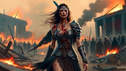 Obraz premium Female warrior in armor amidst burning ruins and chaotic battle scene.