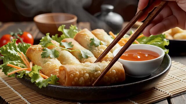 Close up of spring rolls on a plate with dipping sauce and garnishes
