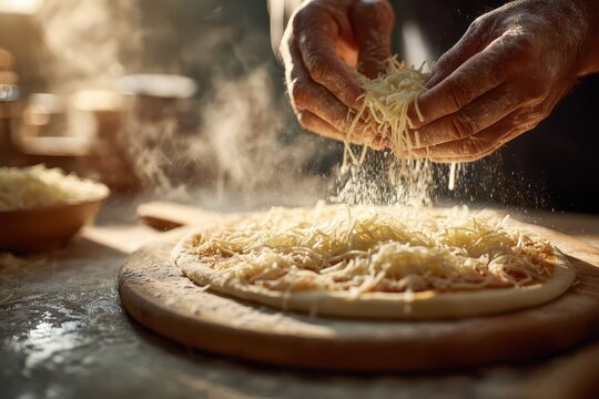 Close-up of a chef adding shredded cheese to a round pizza base in a warm kitchen