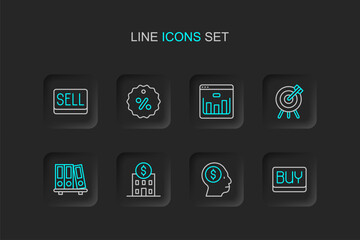 Fototapeta premium Set line Buy button, Business man planning mind, Bank building, Office folders, Target financial goal, Browser with stocks market, Discount percent tag and Sell icon. Vector