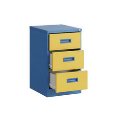 Modern threedrawer blue and yellow filing cabinet isolated transparent background