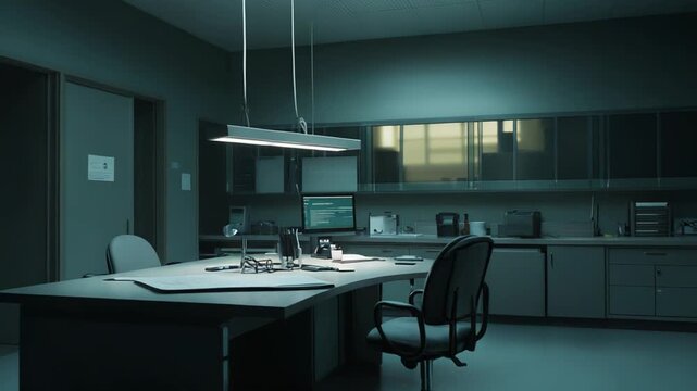 Modern research laboratory displaying an unoccupied workstation with a computer, scientific equipment, and cabinets, creating an atmosphere of professional scientific study and innovation