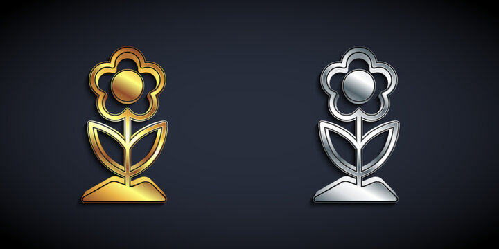 Gold and silver Flower icon isolated on black background. Long shadow style. Vector