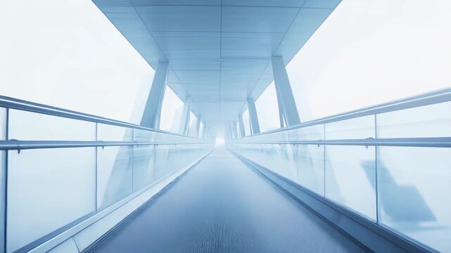 Modern architecture skywalk featuring transparent glass railings and a moving walkway, creating a sense of progress, connection, and leading towards a bright, unknown future