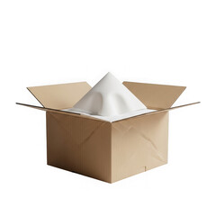 Open cardboard box with white paper pyramid inside isolated transparent background