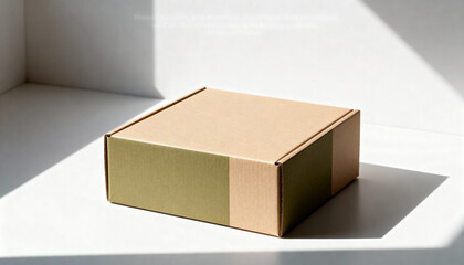 Cardboard mailer box with a green band for branding mockup. Minimalist packaging on a white background with sunlight and shadow. E-commerce shipping and delivery concept