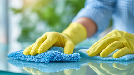 Person cleaning a reflective surface with a cloth and gloves.