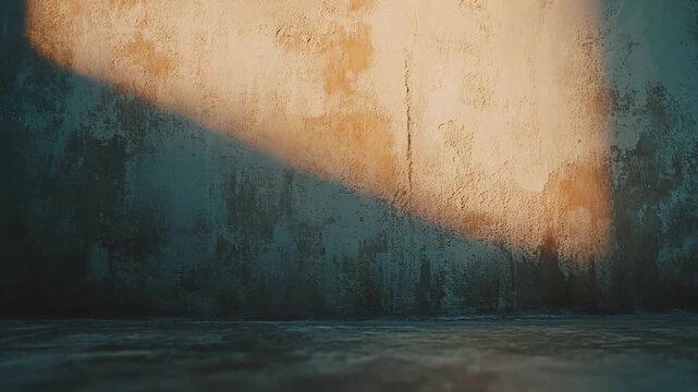 Grungy textured wall and floor surface creating an empty room or stage background, illuminated by contrasting light and shadow, featuring an industrial urban aesthetic