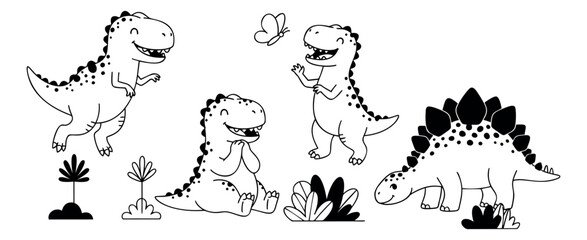 Obraz premium Hand drawn line art dinosaur set featuring various happy dinosaurs and jungle plants for children's designs