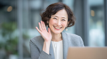 A smiling woman waving in an outdoor urban setting.