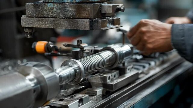 Closeup of an engineer adjusting new digital interfaces on a lathe machines retrofit installation process.