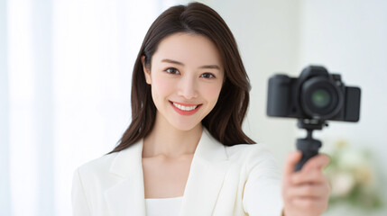 A woman taking a selfie with a camera, smiling in a bright room.