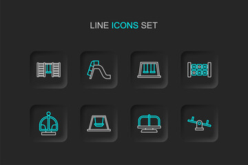 Fototapeta premium Set line Seesaw, Attraction carousel, Ferris wheel, Education logic game, Swings for kids, Slide playground and Swedish wall icon. Vector