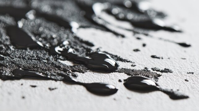 High-contrast close-up of black spray paint splatter on a clean white canvas