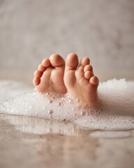Adorable Close Up of Tiny Baby Feet Peeking Out from Soft White Soap Bubbles During Bath Time in a Bright Bathroom Setting, Perfect for Parenting Blogs, Newborn Care Products, and Family Lifestyle