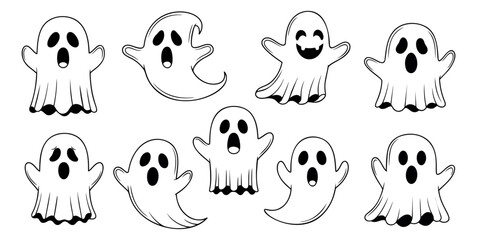 Obraz premium Hand drawn line art ghost characters set featuring various spooky and funny expressions for Halloween celebration