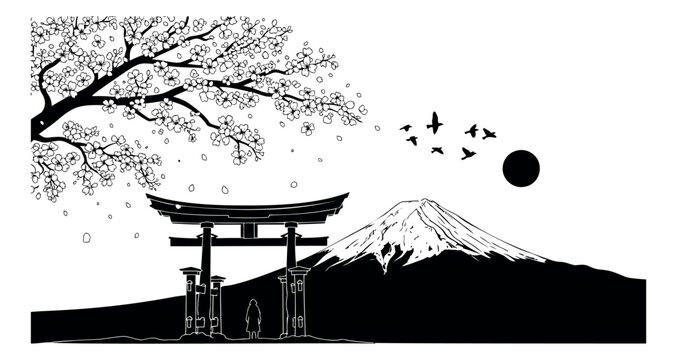 Black and white line art and silhouette illustration of a Japanese landscape depicting Mount Fuji, a torii gate, and cherry blossoms for travel and tranquility