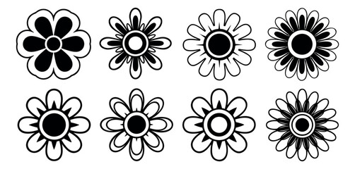 Stylized monochrome flower set featuring various black and white floral designs for decorative purposes