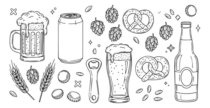 Hand drawn line art beer set featuring mugs, glasses, bottles, cans, pretzels, hops, wheat, and a bottle opener for brewery designs and celebrations