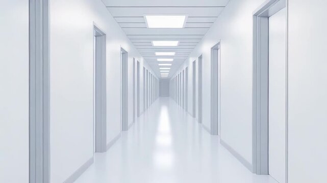 Clean, minimalist, and brightly lit empty hallway with multiple doors on both sides, creating a sense of order, space, and a path forward in a clinical or corporate environment