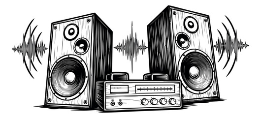 Fototapeta na wymiar Hand drawn line art audio equipment set featuring two large speakers and a receiver with sound waves for music and entertainment