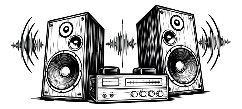 Hand drawn line art audio equipment set featuring two large speakers and a receiver with sound waves for music and entertainment