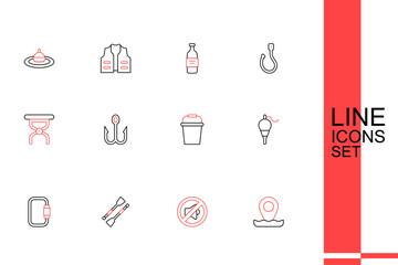 Set line Location fishing, Speaker mute, Oars or paddles boat, Carabiner, Fishing float, bucket, hook and Camping folding chair icon. Vector © Iryna
