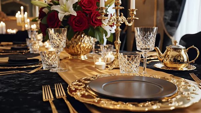 Elegant table setting with golden accents for formal dining