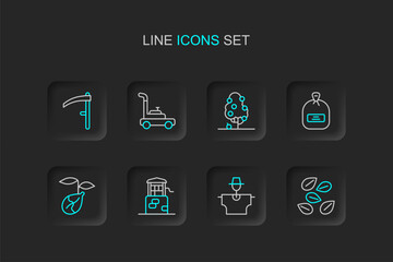 Naklejka premium Set line Seeds of specific plant, Scarecrow, Well, Sprout, Pack full seeds, Fruit tree, Lawn mower and Scythe icon. Vector