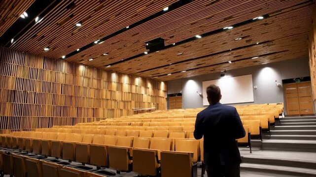 Medium shot of acoustic panels lining a lecture hall wall improving sound clarity and reducing echo for better lecture experiences.