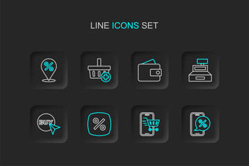 Fototapeta premium Set line Percent discount on phone, Mobile with shopping cart, Discount percent tag, Buy button, Cash register machine, Wallet, Add Shopping basket and Location icon. Vector