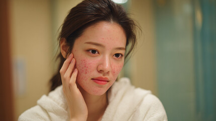 Young woman with acne touching her face, indoors.