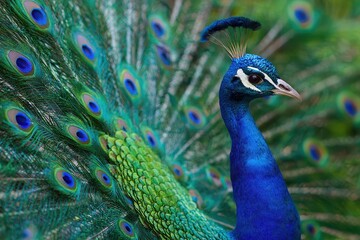 Close-up of iridescent peacock feathers showing intricate blue-green eye pattern