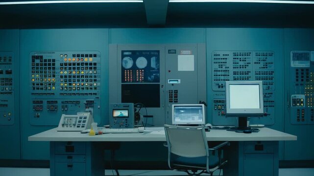 Control room with desk of computers and scientific instruments, surrounded by large operator panels and screens conveying high tech monitoring, diagnostics, and secure operations