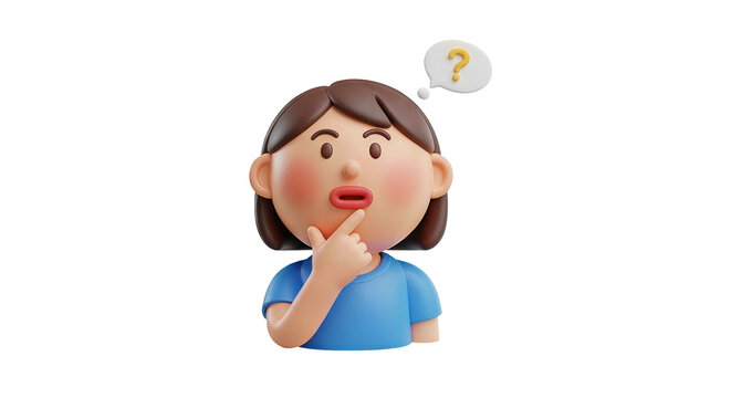 A cartoon woman with a questioning expression and a thought bubble with a question mark isolated on transparent background