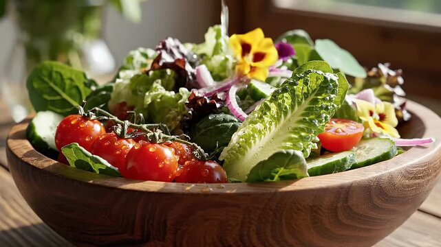 Fresh salad bowl displaying assorted vegetables for healthy eating