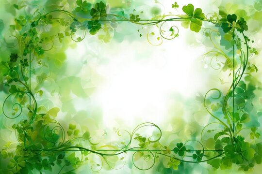 Green Shamrock Leaves Frame on Watercolor Background