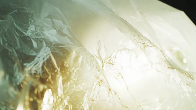 Wrinkled golden plastic sheet with glowing soft light, abstract creases and folds creating a delicate, textured surface perfect for modern, vibrant background or overlay